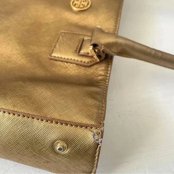 Tory Burch Robinson Gold Metallic Saffiano Mirror Tote Purse - Picture 10 of 15
